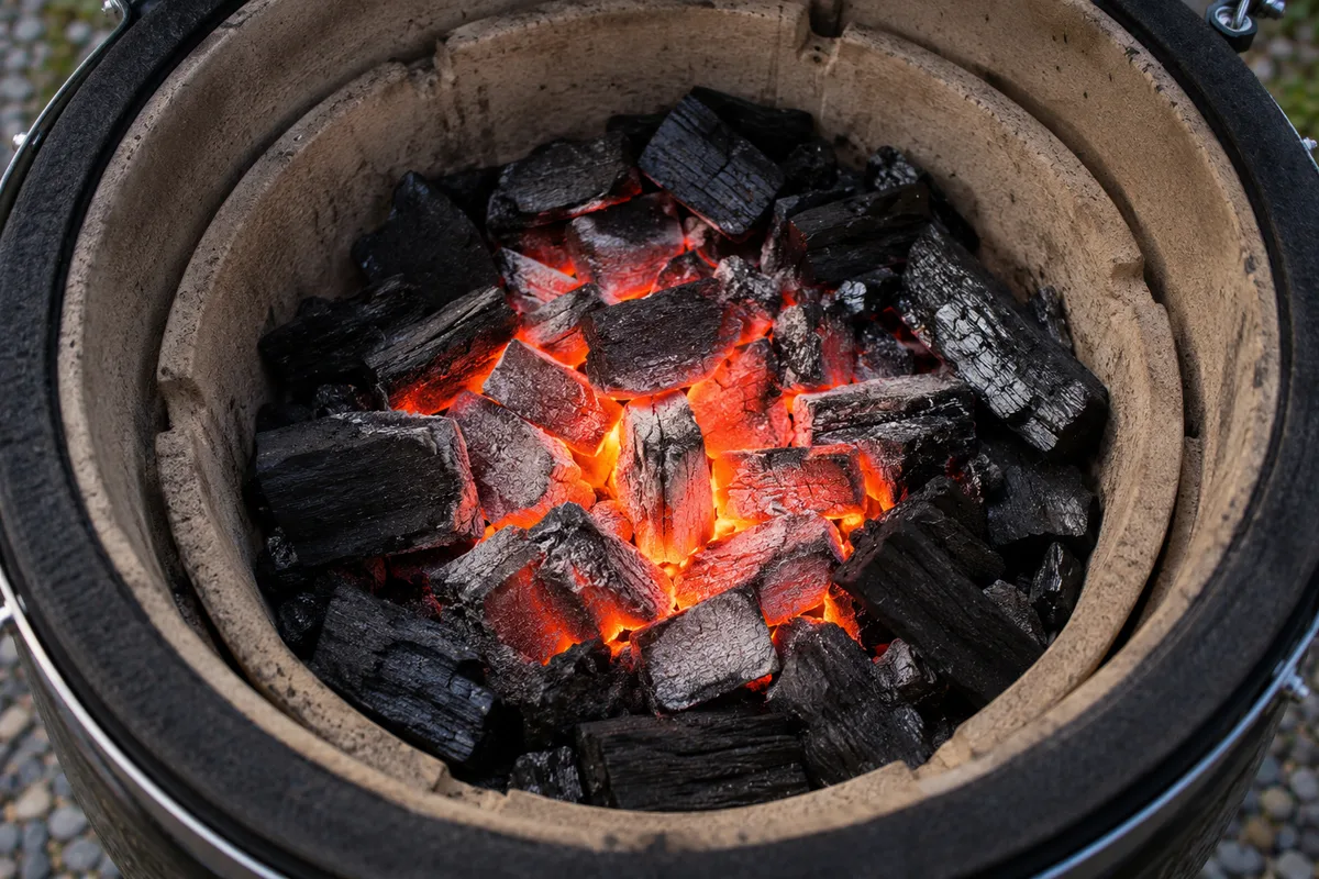 Gros morceaux de charbon de bois incandescents dans le foyer d&rsquo;un kamado vu de haut
