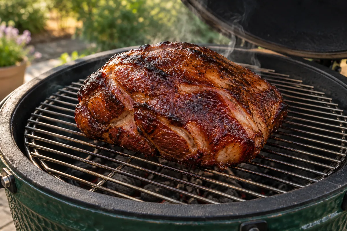 Épaule de porc dorée sur la grille d&rsquo;un kamado ouvert, légère vapeur