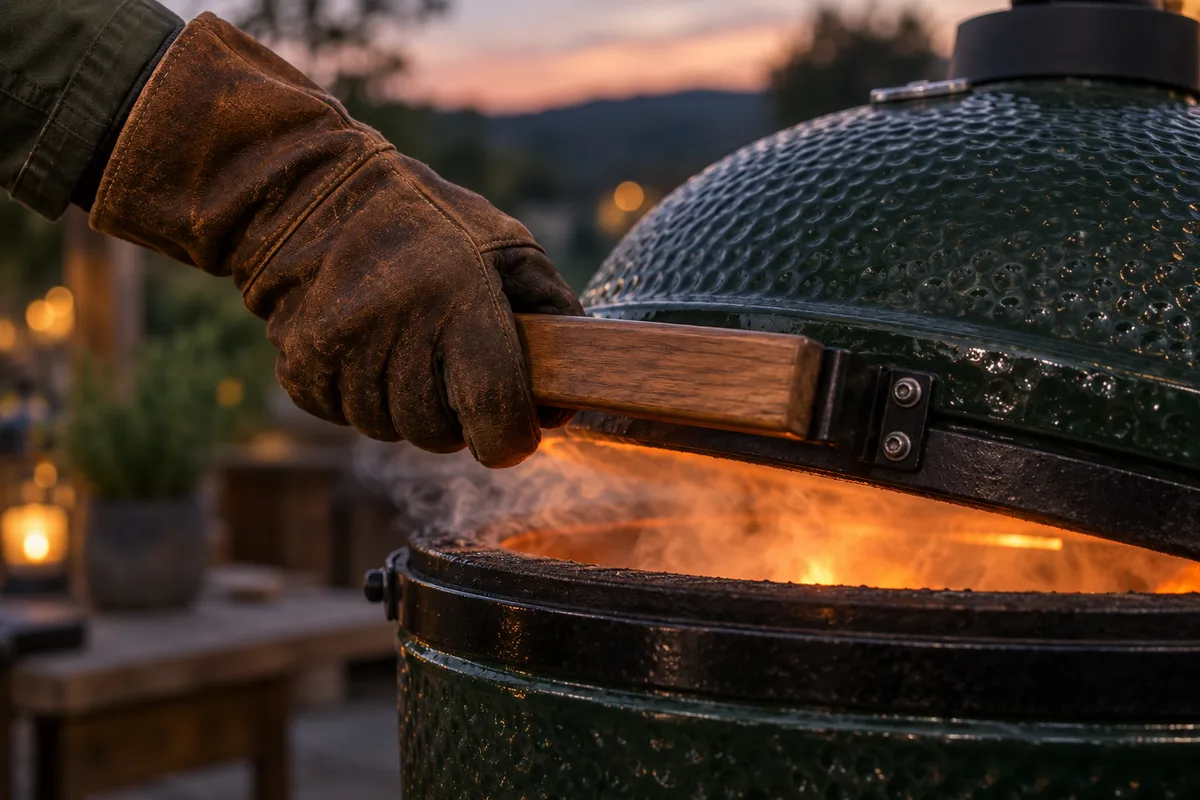 Main gantée soulevant légèrement le couvercle d&rsquo;un kamado chaud