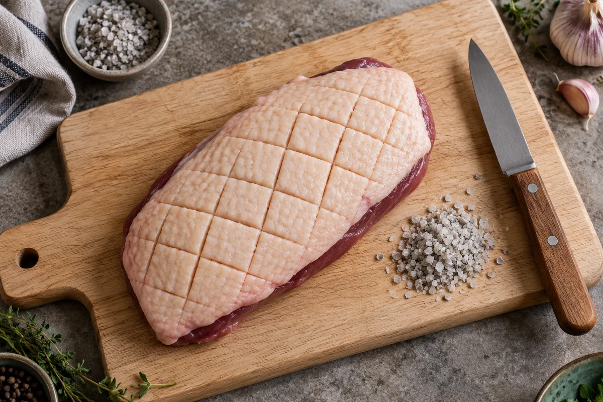 Magret cru sur une planche, peau incisée en losanges, gros sel à côté